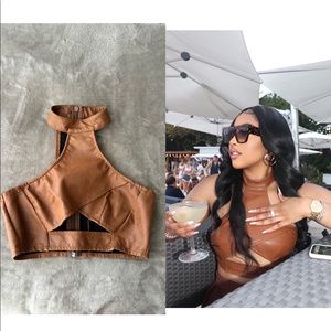 BROWN CUT OUT FAUX LEATHER CROP TOP